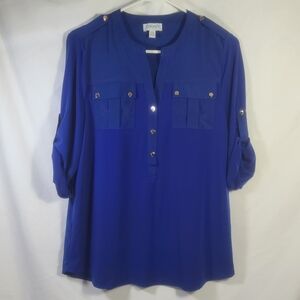 Carmen Marc Valvo Women's Royal Blue Roll Tab Sleeve Dress Top Blouse Size Large